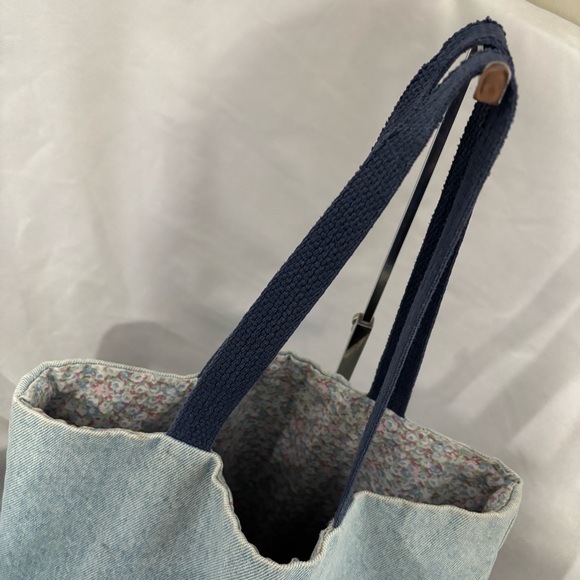 Vintage Handmade Blue Denim Floral Shoulder Tote Bag Purse Reversible - Picture 6 of 12